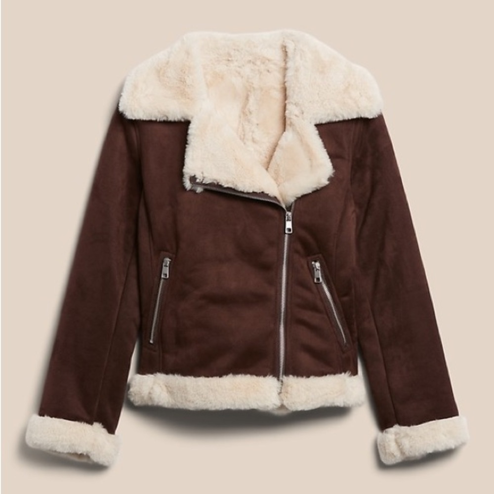 Banana Republic Dark Brown Teddy Jacket Cream Trim Size M Cozy